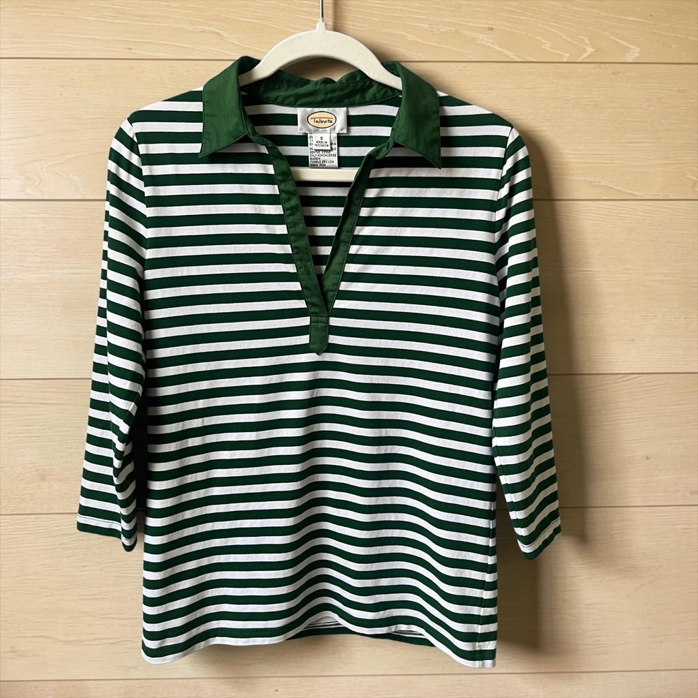 Vintage Talbots Top Women's Small Hunter Green White Stripes Rugby Preppy Knit